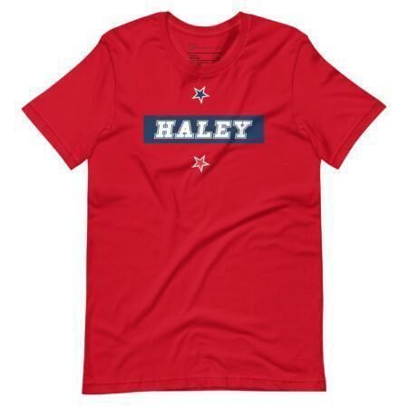 A red Nikki Haley | Elections 2024 | Unisex Heavy Cotton Tee with the word Haley on it, perfect for supporters of Nikki Haley in the 2024 elections.