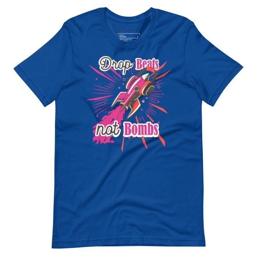 A drop beats not bombs unisex heavy cotton tee-shirt that says "deep breaths not donuts" with a touch of "Drop Beats Not Bombs" messaging.