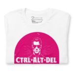 A white Delete The Metrix | Unisex t-shirt with the words "ctr-al-del" on it, perfect for fans of the Matrix.
