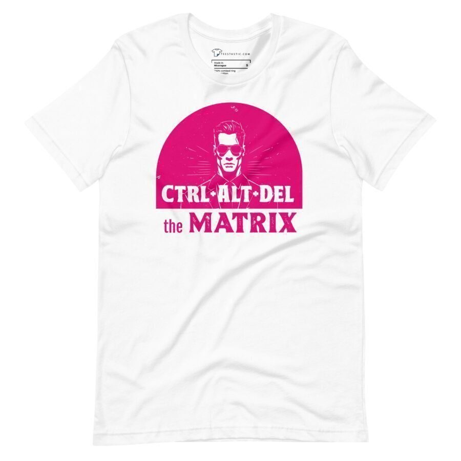 A white unisex t-shirt that says "Delete The Metrix".