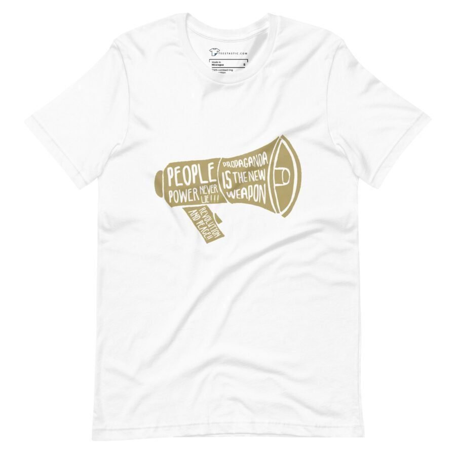 A white unisex Propaganda | People Power Never Lie staple t-shirt with an image of a megaphone, representing people power and conveying a subtle message of propaganda.