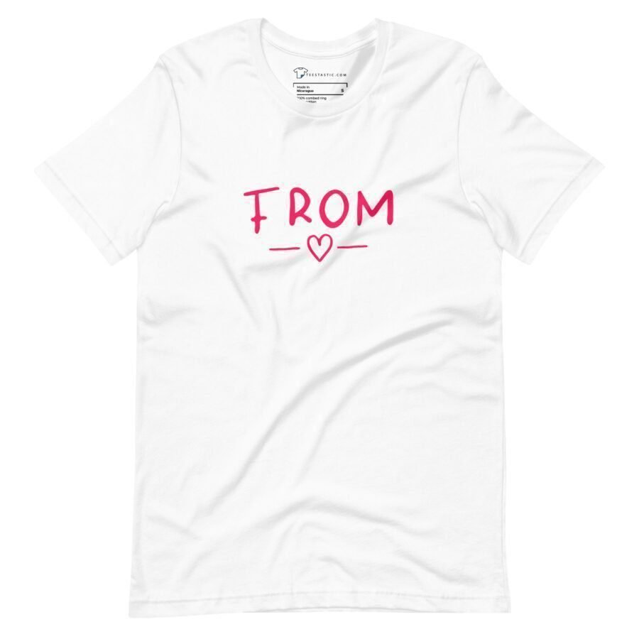 A From Love | Unisex Heavy Cotton white t-shirt with the word "love" written in pink.