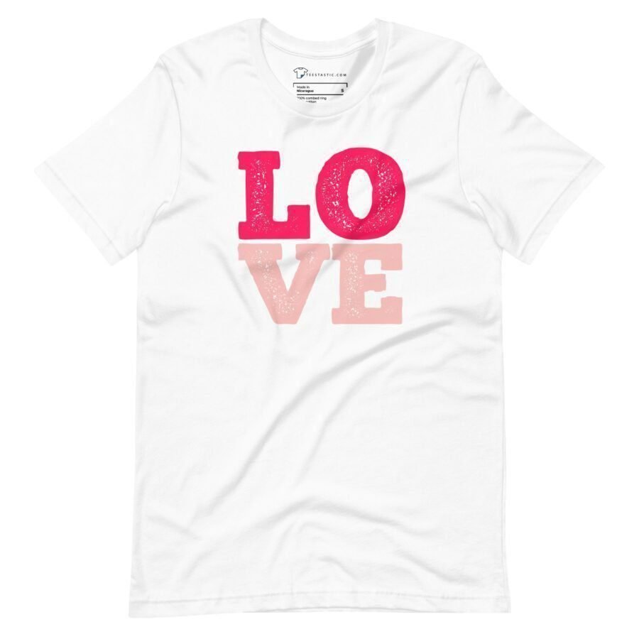 Love | Unisex white t-shirt featuring the word "love" in pink and white.