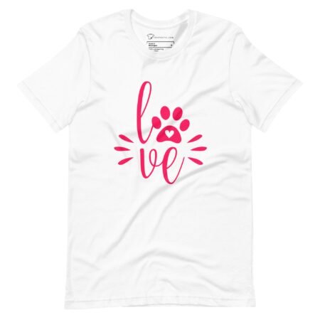 A white Love My Dog unisex heavy cotton t-shirt with a pink paw print and the word love.