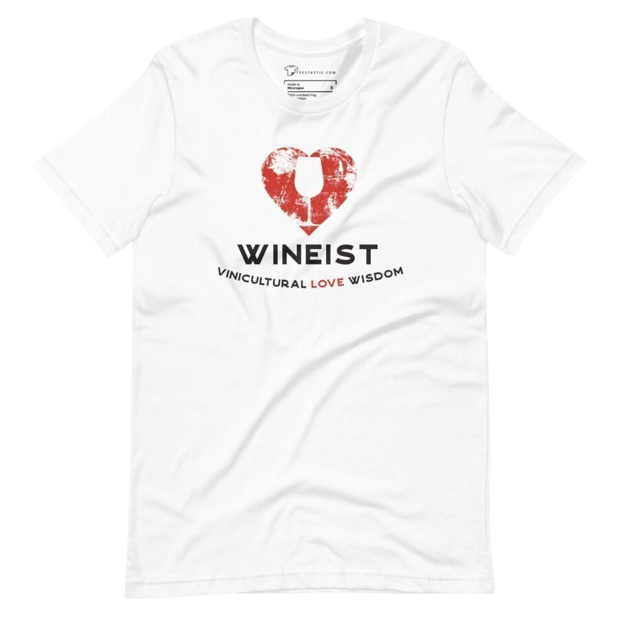 An Unisex Heavy Cotton white t-shirt with the word Love Wineist on it, perfect for those who love Wineist.