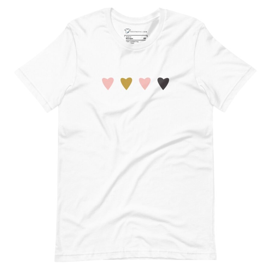Four Four Hearts Love on a white t - shirt.