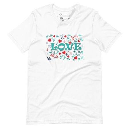 This description features a Love Unisex t-shirt displaying the word love.