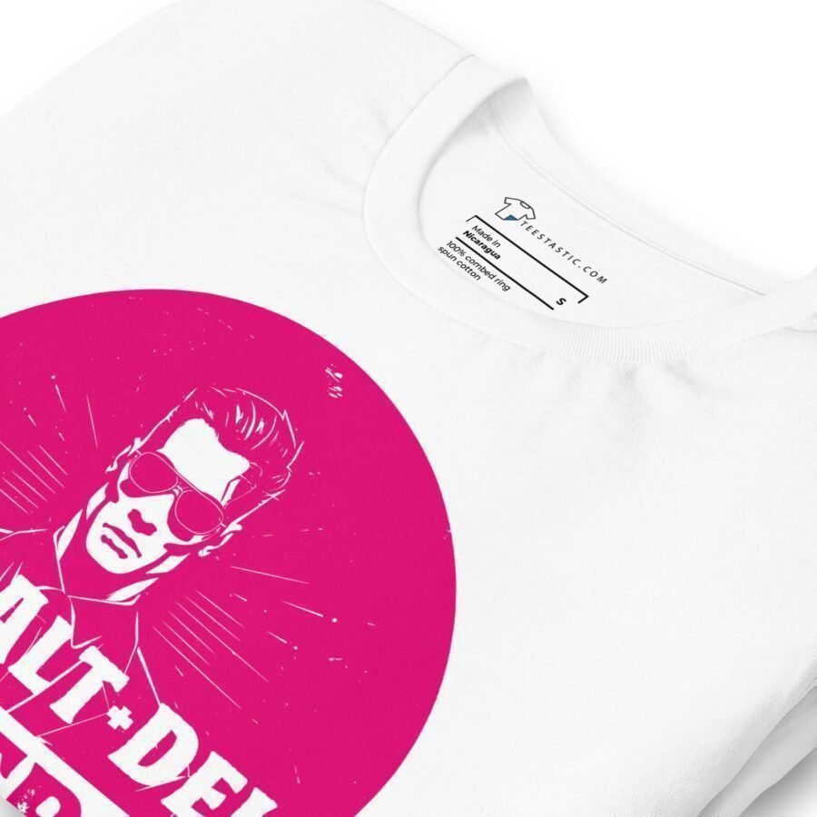 A Delete The Metrix | Unisex t-shirt with a pink image of a man in sunglasses.