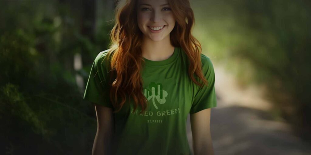 A young woman wearing a green t-shirt celebrating St. Patrick's Day 2024.