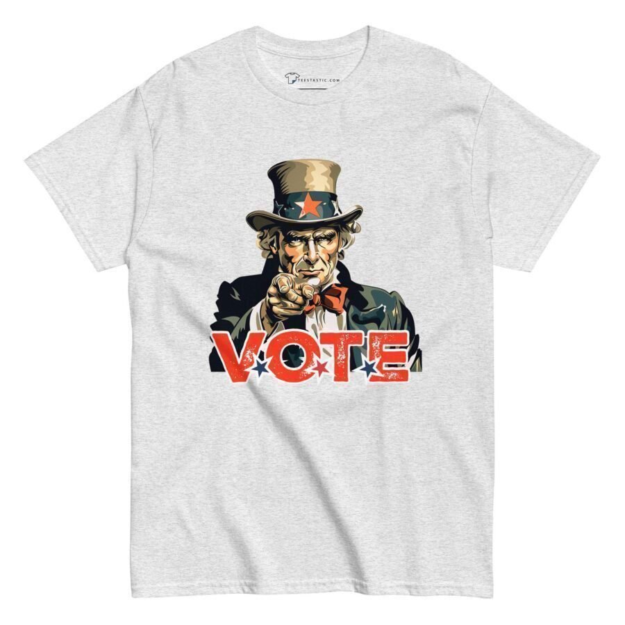 A Vote Uncle Sam | Elections 2024 | Men's Classic Tee that says vote with an image of Uncle Sam, an old man in a top hat.