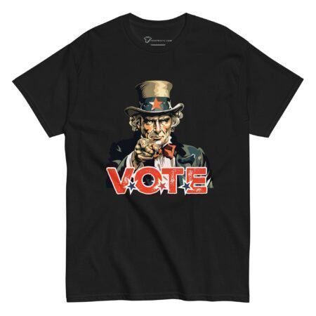 A black t-shirt with the Vote Uncle Sam | Elections 2024 | Men's Classic Tee prominently displayed.