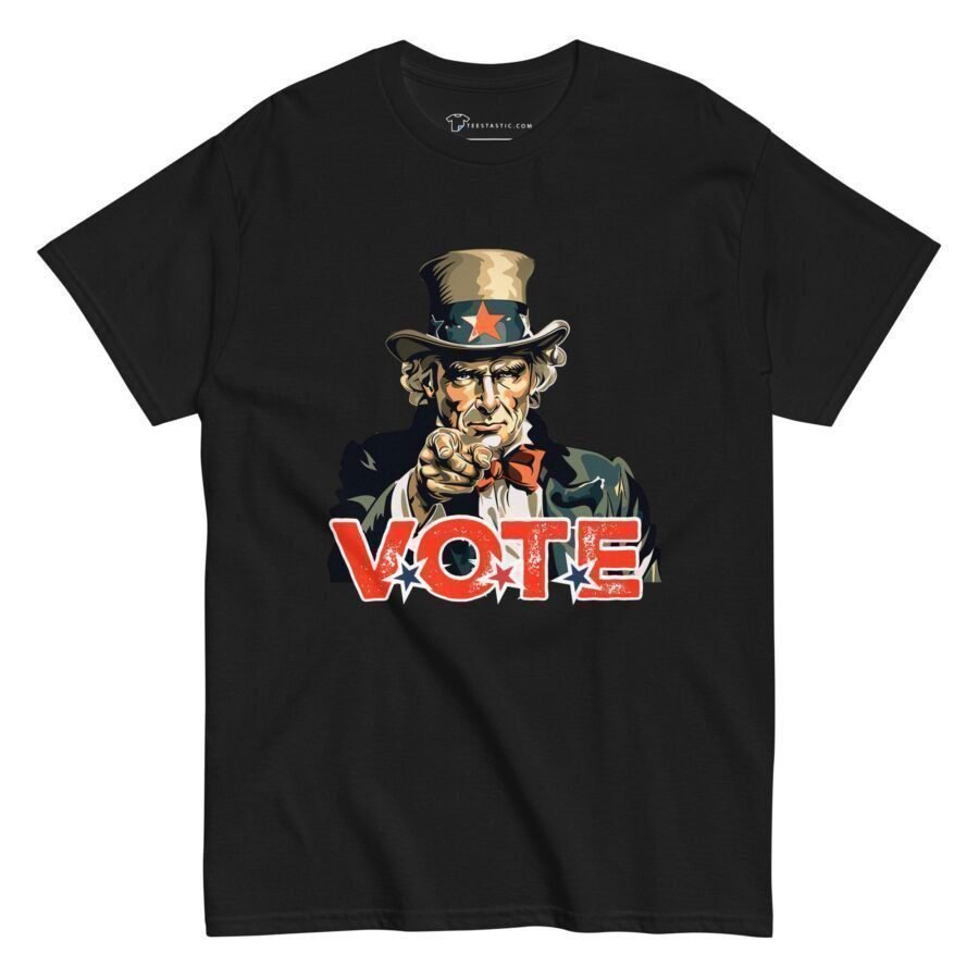 A black t-shirt with the Vote Uncle Sam | Elections 2024 | Men's Classic Tee prominently displayed.