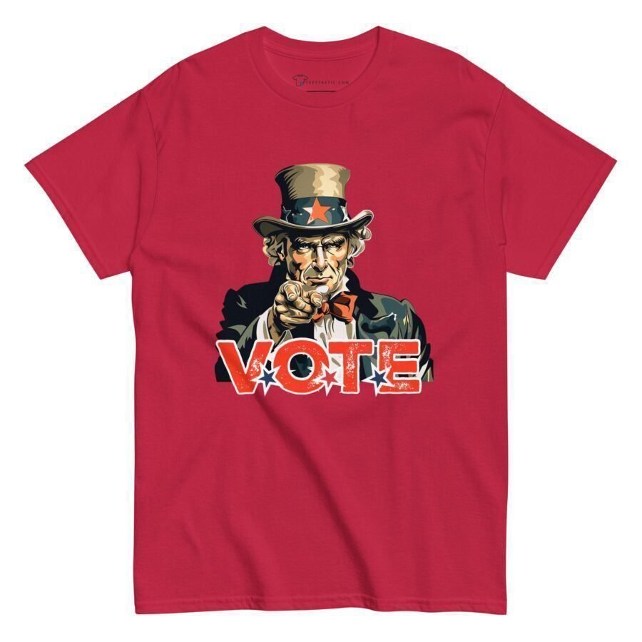 A "Vote Uncle Sam | Elections 2024 | Men's Classic Tee" featuring the words "Vote" prominently displayed.