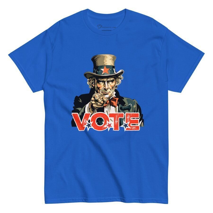 A blue Vote Uncle Sam | Elections 2024 | Men's Classic Tee with the words "vote" on it.