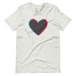 A Love Tik Tok unisex t-shirt featuring a white base with a cute pink and blue heart design.