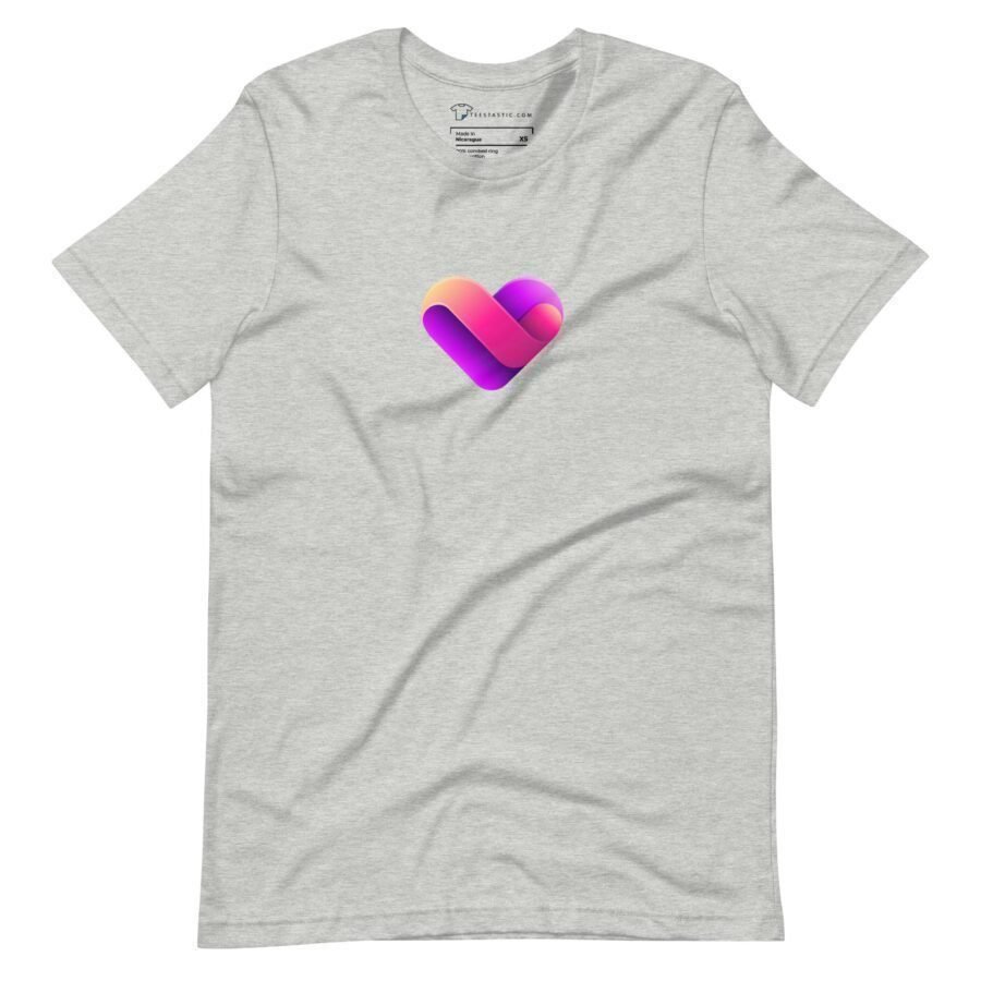 An unisex LOVE | Unisex t-shirt featuring a grey fabric with a vibrant purple heart representing love.