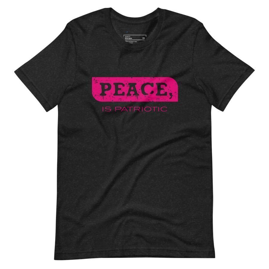 A black PEACE Is patriotic | Election 2024 | Unisex Heavy Cotton Tee with the word peace in pink, promoting peace.