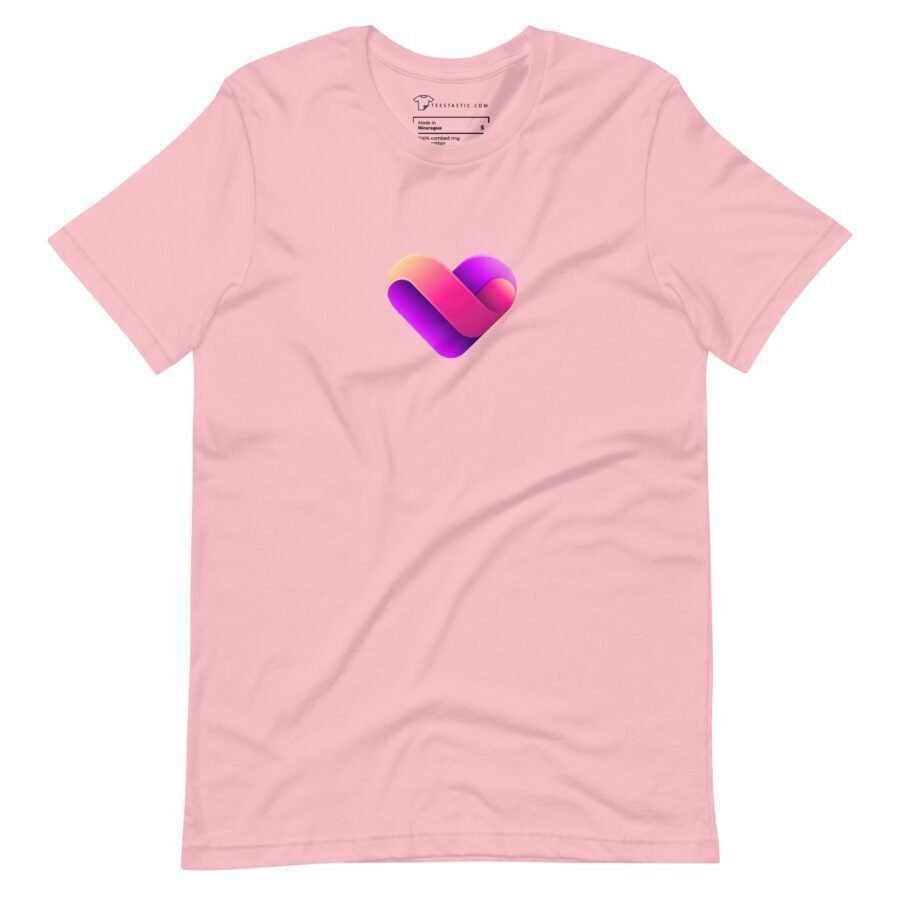 A LOVE unisex pink t-shirt with a heart on it, perfect for expressing love.