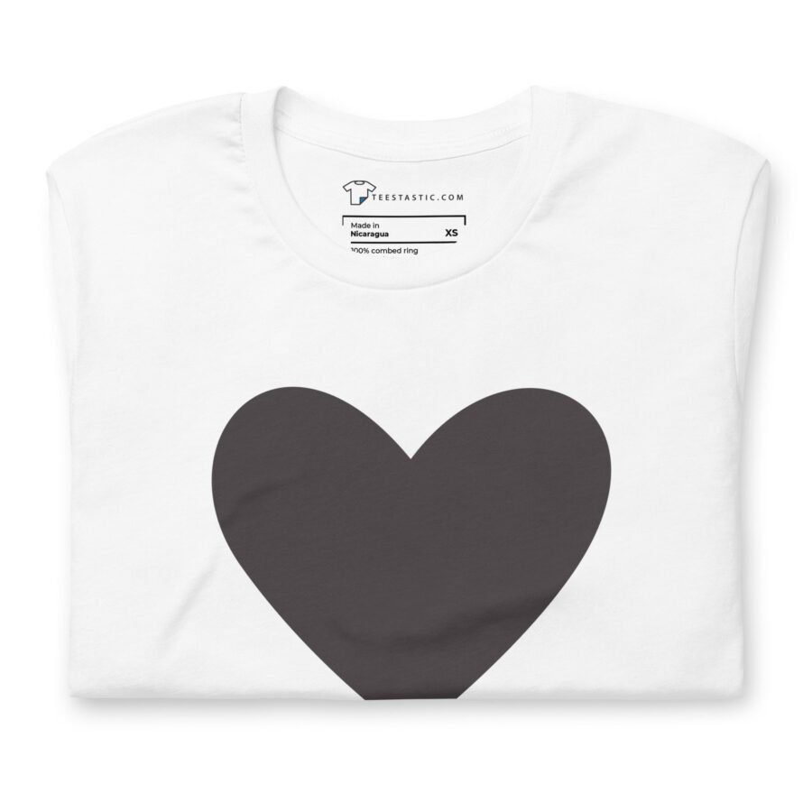 The Black Heart | Unisex T-shirt adorns a unisex white t-shirt.