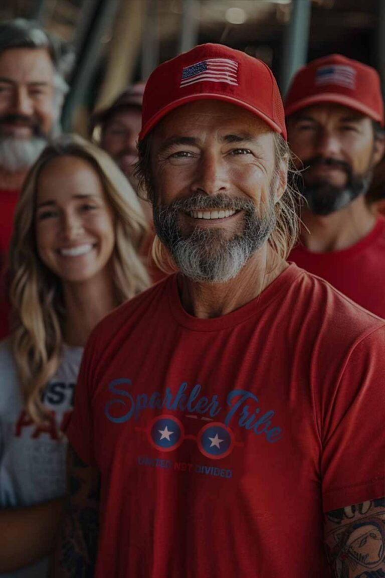 Group of smiling people wearing red T-shirts and caps with one man humorously in focus in the foreground.