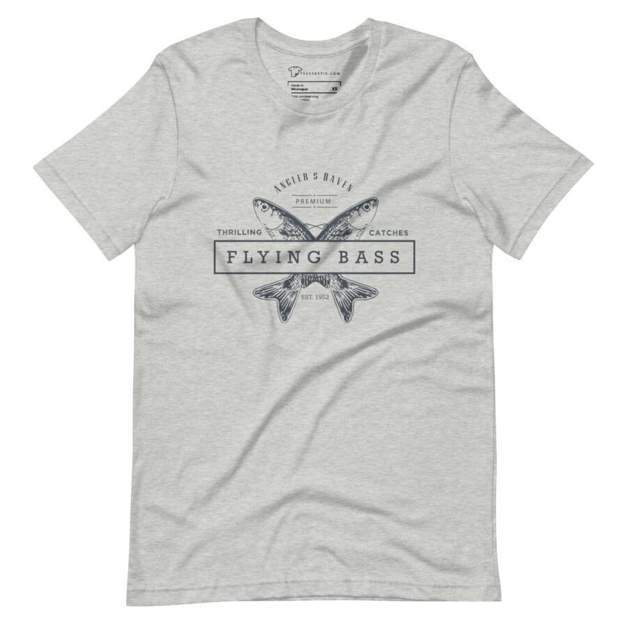 Flying Bass fishing unisex t-shirt with "flying bass" graphic print, perfect for fishing enthusiasts.