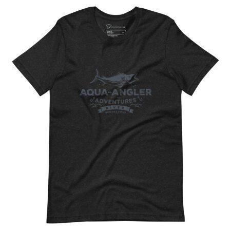 Unisex charcoal grey AQUA ANGLER | Fishing T-shirt with "AQUA ANGLER adventures" graphic print featuring a fish silhouette.