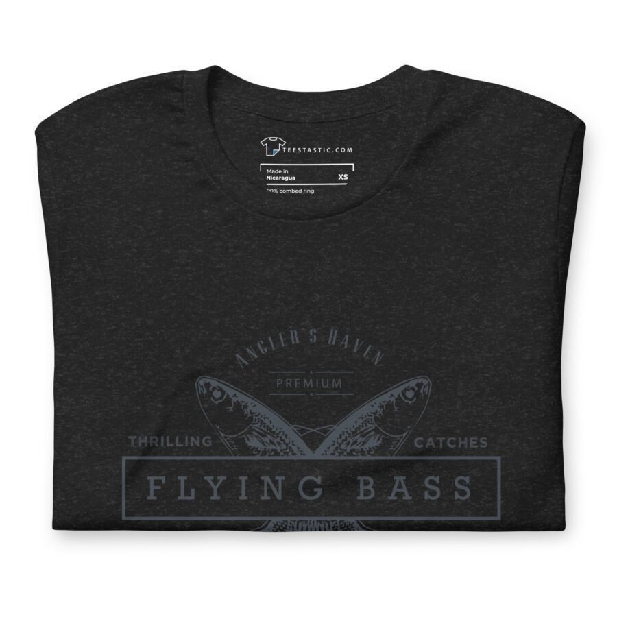 Folded dark grey Flying Bass | Fishing unisex t-shirt with a graphic of wings and the text "angler's haven, thrilling premium catches, flying bass.