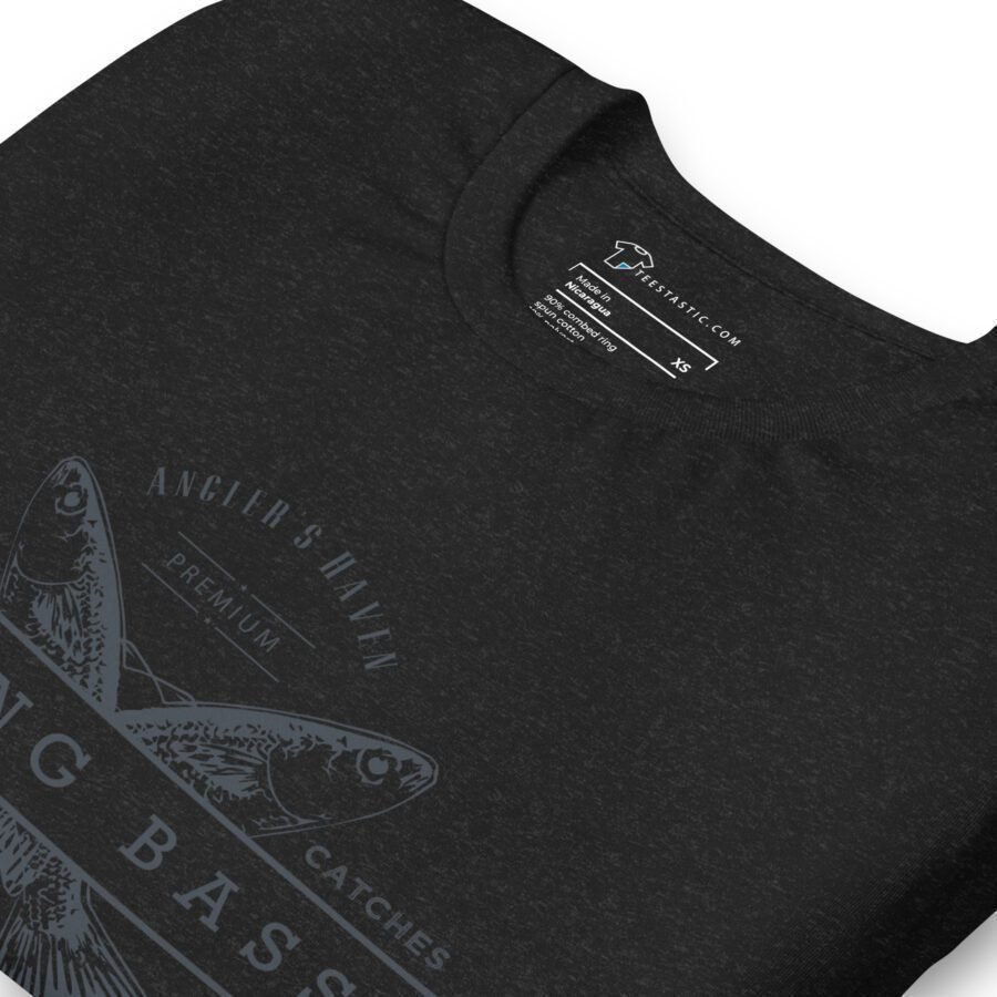 Close-up of a Flying Bass | Fishing unisex black t-shirt with a white graphic print of a flying bass and tag displaying the brand name.