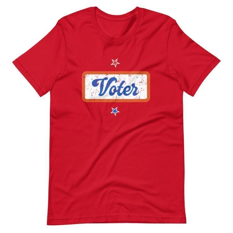 A red Unisex T-shirt with the word "Voter" on it.