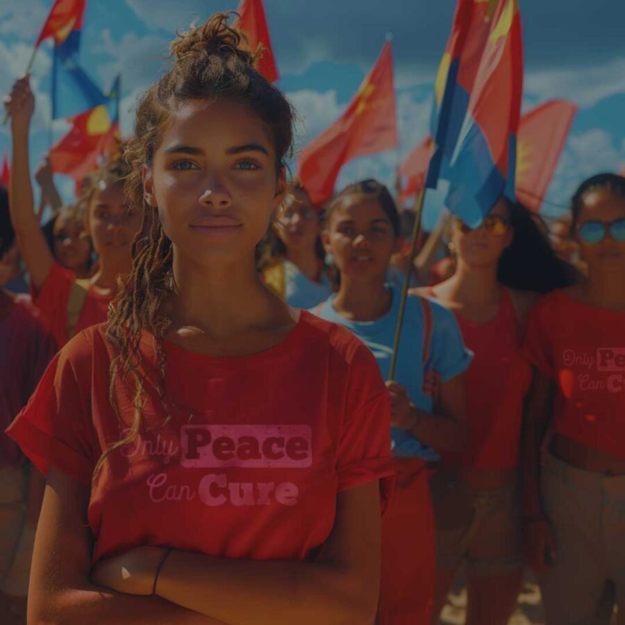 A young woman in a red t-shirt that reads "only peace can cure" stands in front of a crowd holding colorful flags under a blue sky.