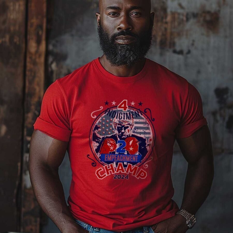 Man in a red Trump The Champ | Elections 2024 | Unisex t-shirt with a graphic print, standing confidently against an industrial backdrop.