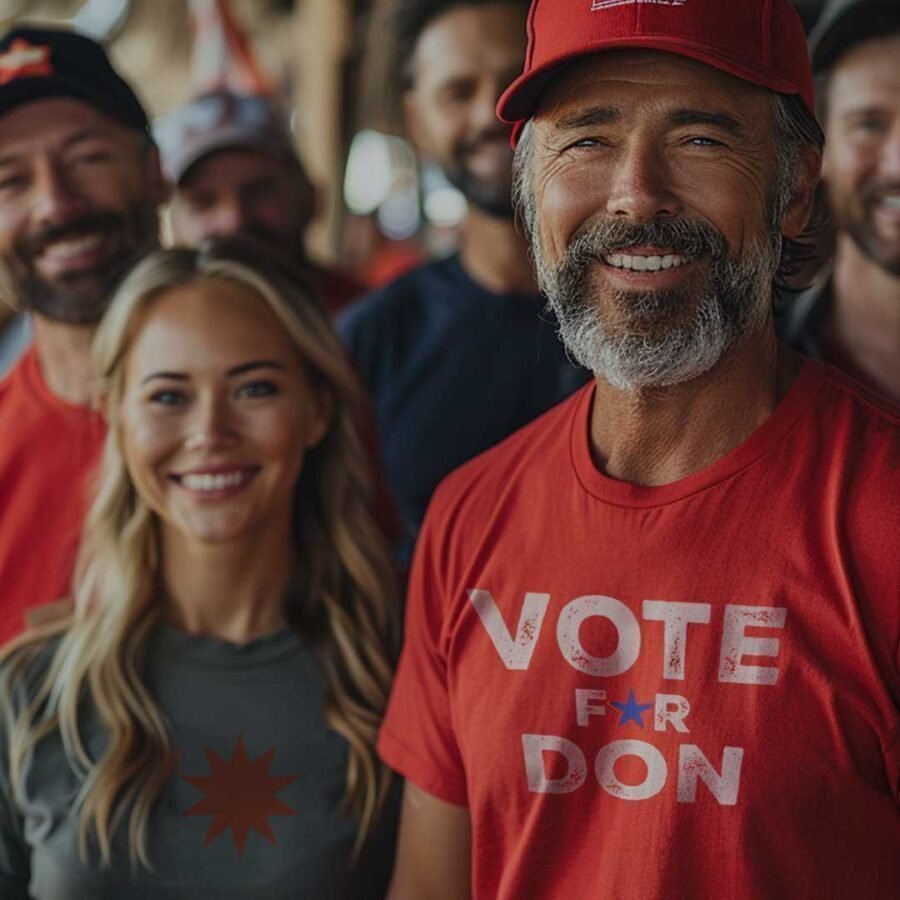Group of smiling people with one man proudly showcasing a "Vote For Don | Elections 2024 | Unisex T-shirt" in the foreground.