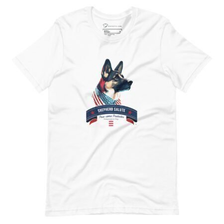 Independence Day 4th July | SHEPHERD DOG | Unisex t-shirt with a graphic of a shepherd dog wearing a bandana, titled "shepherd salute," on a plain background.