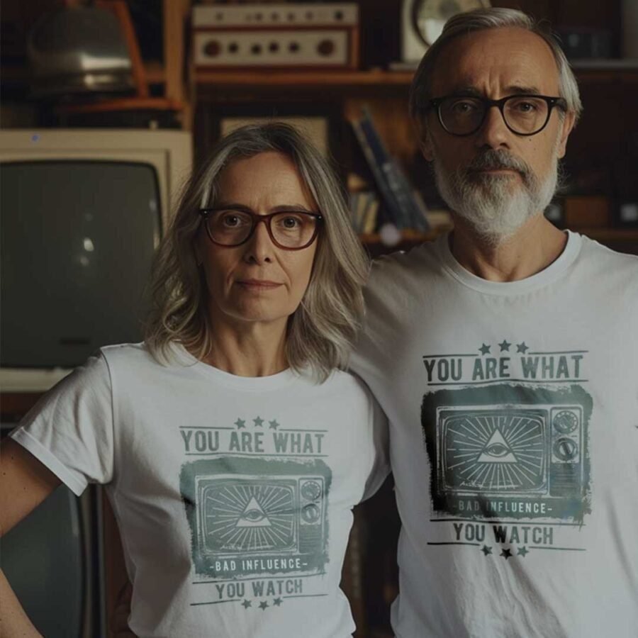 A man and woman with gray hair wearing matching "You Are What You See | Unisex T-Shirt". A vintage television is in the background.