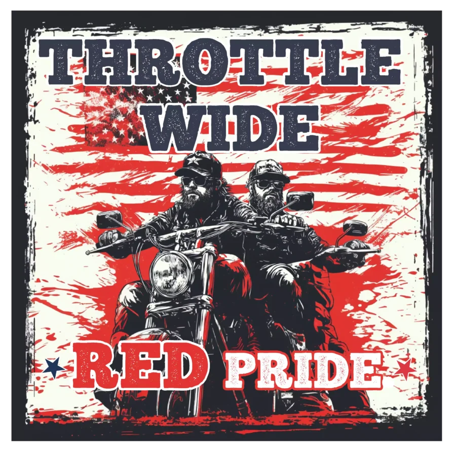 Two motorcyclists in front of a stylized American flag background with text "THROTTLE WIDE RED PRIDE" in bold letters. Celebrate the American Dream with the "American Dream | Guns, Bikes & MAGA" unisex t-shirt, perfect for those who live life full throttle.