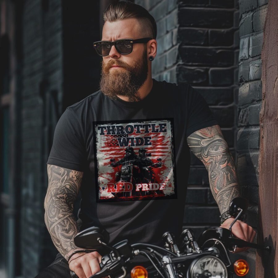 A bearded man with sunglasses and tattooed arms leans on a motorcycle, wearing the "Throttle Wide Red Pride | Elections 2024" unisex t-shirt, which features a graphic that reads "Throttle Wide Red Pride" over an American flag design.