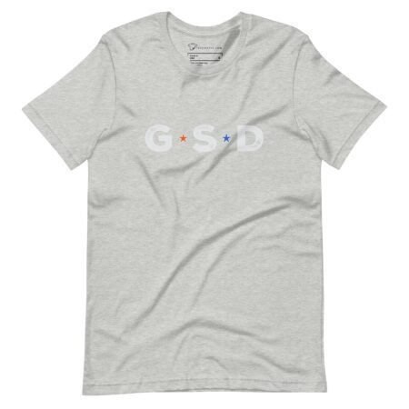 A light gray unisex T-shirt with "G S D" printed on the front in white, each letter separated by a small red and blue star—perfect for showing support in Elections 2024. This stylish shirt is named "KAMALA Gets Shit Done.