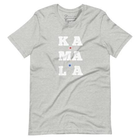 The "KAMALA | Elections 2024" unisex t-shirt in gray features the text "KAMALA" in white letters arranged in three vertical rows, with red and blue stars interspersed between the letters, making it a perfect choice to show your support ahead of the Elections 2024.