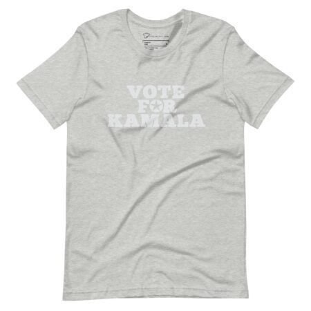 A unisex T-shirt in gray featuring the words "VOTE FOR KAMALA" printed in white uppercase letters on the front, ideal for showing your support during Elections 2024.