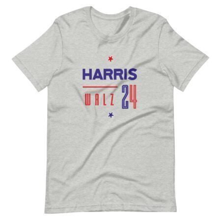 A KAMALA | WALTZ | Elections 2024 unisex t-shirt in light gray showcases the text "HARRIS" in bold blue letters and "WALZ 24" in red, adorned with red and blue stars on either side, making it perfect for showing support during Elections 2024.