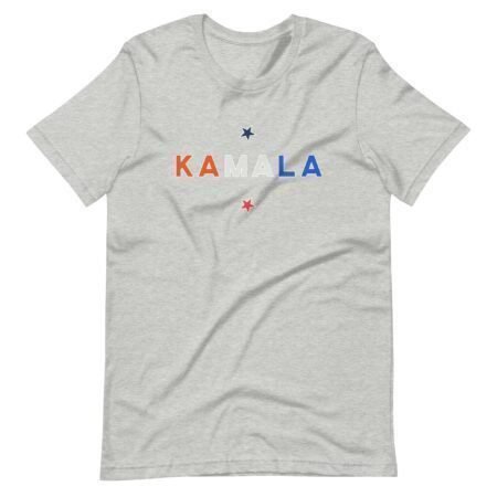 A gray unisex t-shirt named "KAMALA | Elections 2024" features the word "KAMALA" printed in red, white, and blue letters, with a small star above and below the text—ideal for demonstrating your support in Elections 2024.