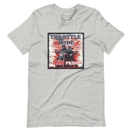 Get ready for Elections 2024 in style with the Throttle Wide Red Pride unisex t-shirt, featuring a graphic of a motorcycle and people in front of an American flag backdrop.