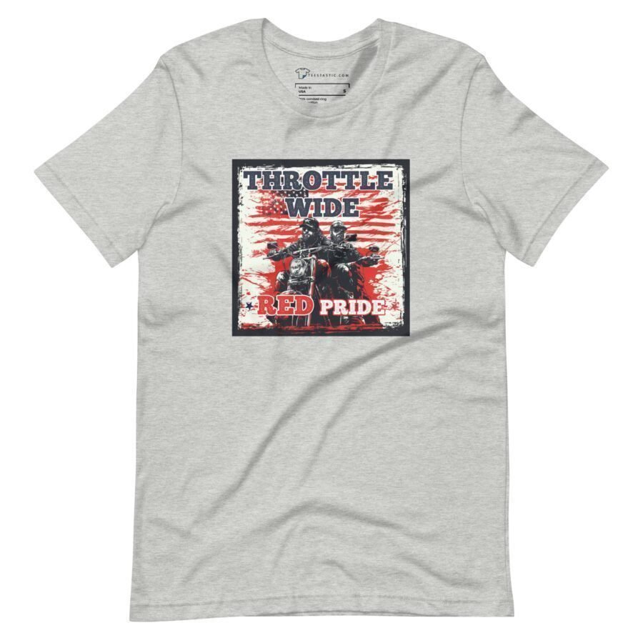 Get ready for Elections 2024 in style with the Throttle Wide Red Pride unisex t-shirt, featuring a graphic of a motorcycle and people in front of an American flag backdrop.