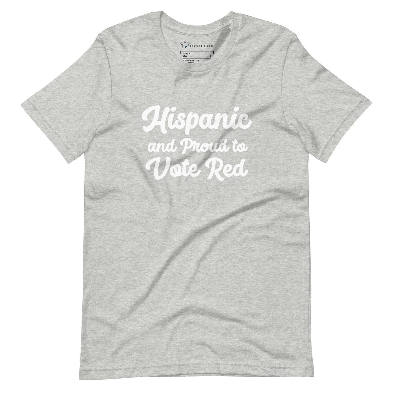 Gray unisex t-shirt named "Hispanic And Proud to Vote Red | Elections 2024," featuring the text "Hispanic and Proud to Vote Red" printed in a white cursive font on the front, perfect for showing your pride and dedication ahead of Elections 2024.