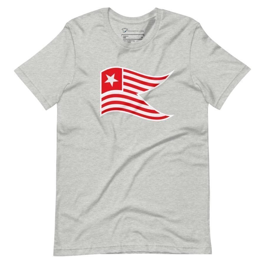 Show your spirit during Elections 2024 with the Star and Stripes Red unisex t-shirt, featuring a light grey design with a graphic of a red flag waving, adorned with a white star and red and white stripes.