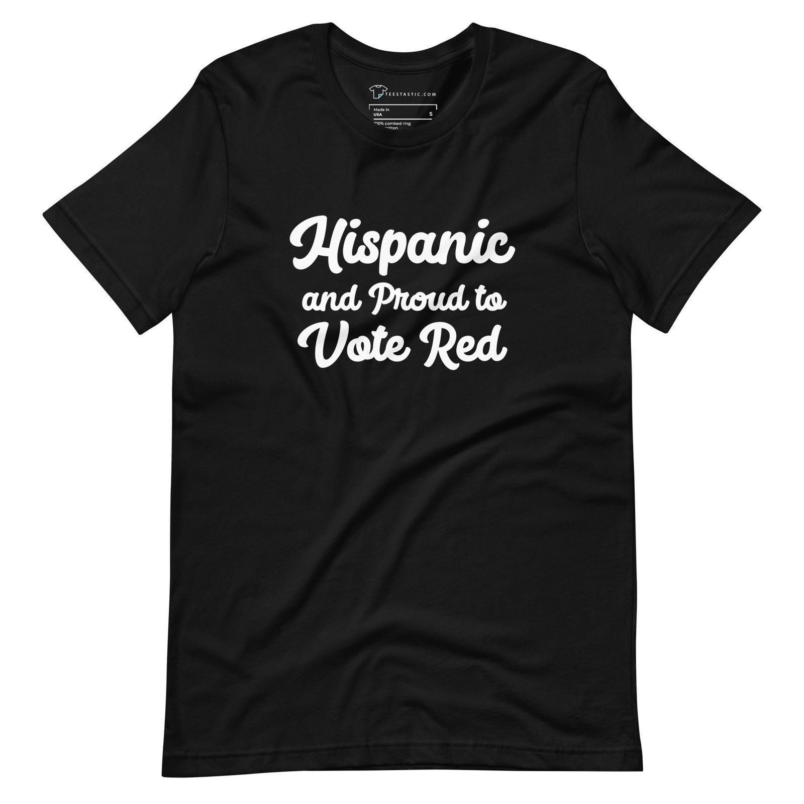 The "Hispanic And Proud to Vote Red | Elections 2024 | Unisex t-shirt" is perfect for showing your enthusiasm for Elections 2024 with its black fabric and white text that reads, "Hispanic and Proud to Vote Red.