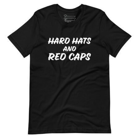 The "Hard Hats And Red Caps | Elections 2024 | Unisex t-shirt" is a black tee featuring bold, stylized white text that reads "HARD HATS AND RED CAPS." Perfect for showing your support for Elections 2024.