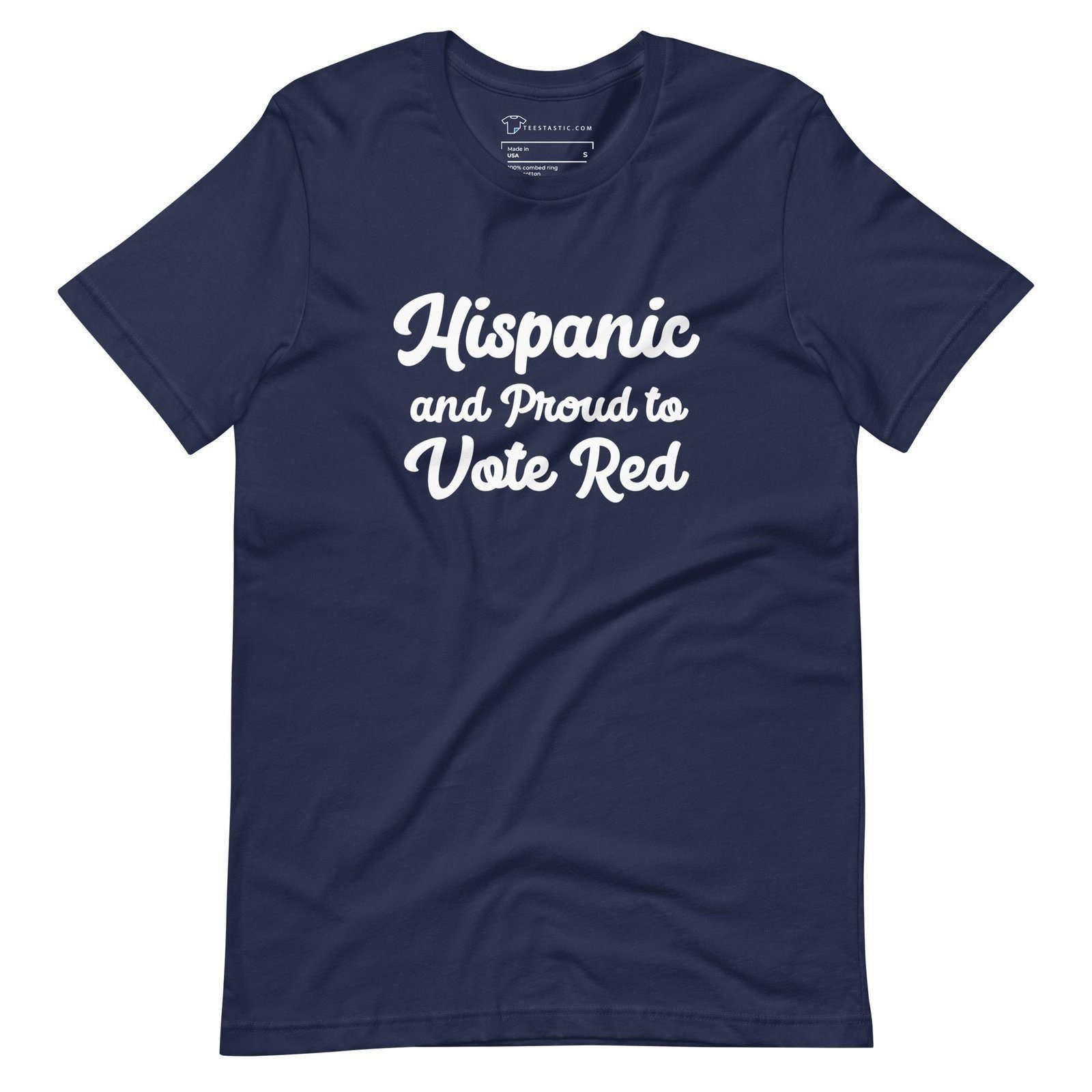 Navy blue unisex t-shirt with the message "Hispanic and Proud to Vote Red" printed in white on the front, ideal for expressing support during Elections 2024.