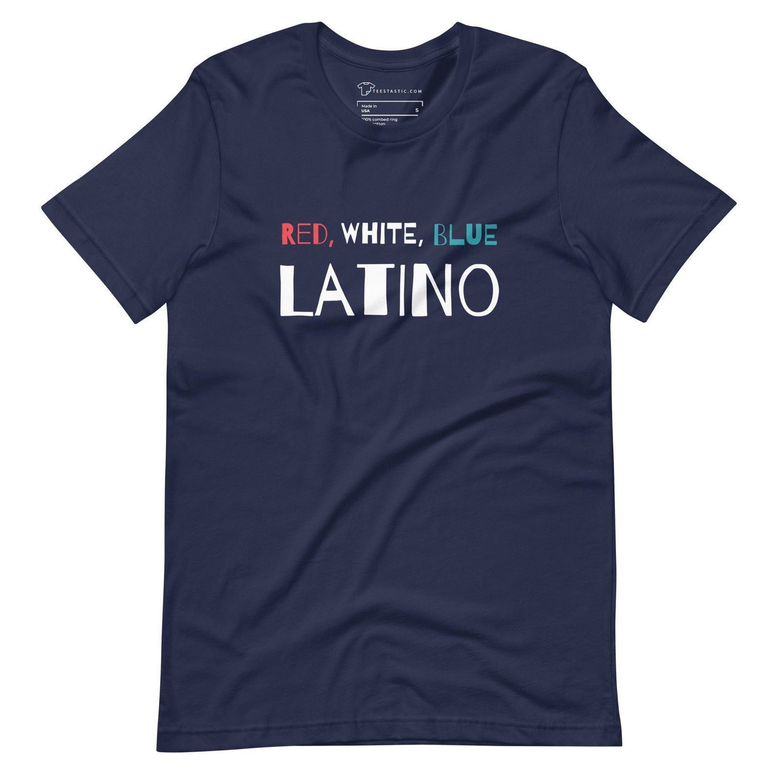 The "Red White Blue Latino | Elections 2024 | Unisex T-shirt" is a navy blue shirt that boldly features the words "RED, WHITE, BLUE LATINO" printed on the front in striking red, white, and blue letters—an ideal statement piece for Elections 2024.