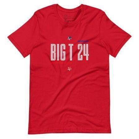 Introducing the BIG T | Election 2024 | Unisex T-shirt, featuring a red color with "BIG T 24" printed boldly in white and blue across the chest, complete with two small stars. Perfect for showcasing your style during Election 2024, this versatile unisex T-shirt is a must-have addition to any wardrobe.